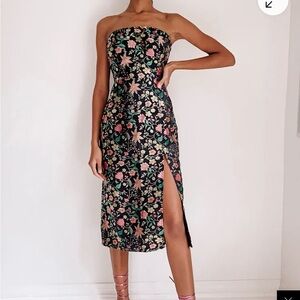Lulu's Black Floral Strapless Midi Dress with Side Slit